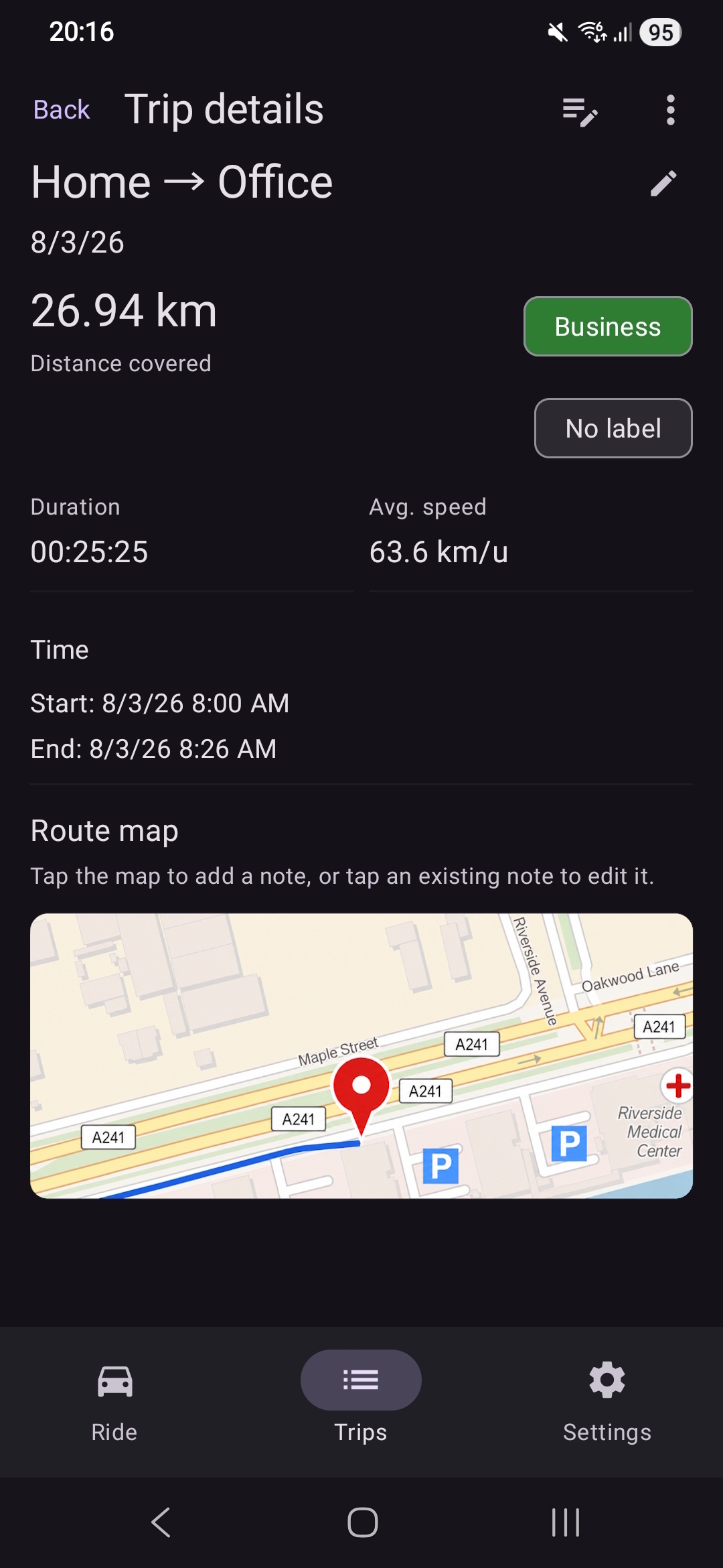 OdoBuddy trip details screen